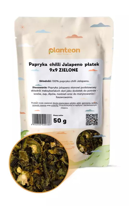Papryka chilli Jalapeno płatek 9x9 ZIELONE. 50g
